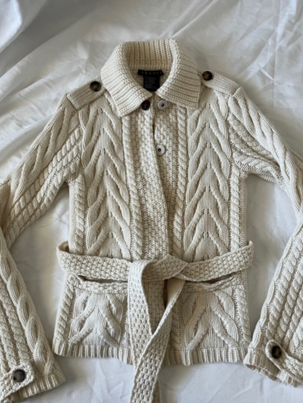Theory Cream Off White Wool Cashmere Tie Waist Belted Cardigan Quiet Luxury